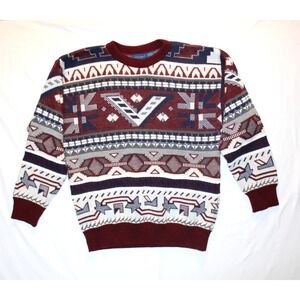 VTG Towncraft Grandpa Men Sweater Maroon Red Navy Geometric Acrylic Retro Y2K -M